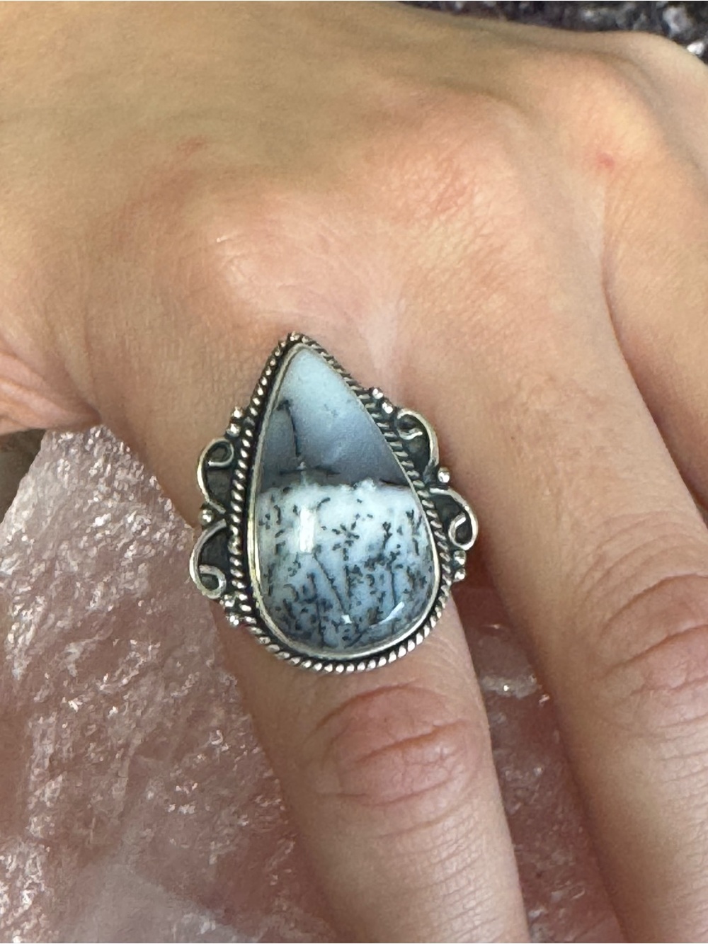 Dendritic Agate (Merlinite) Teardrop Sterling Silver Gemstone Ring - Size 8